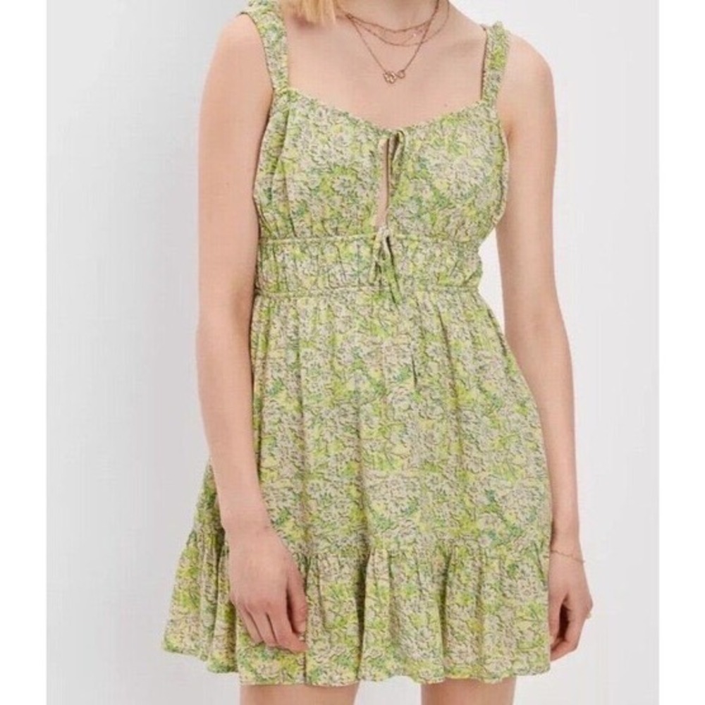 American Eagle Green Floral Mini Dress XL Tie Front Smocked Ruffle Fairycore - Picture 1 of 13